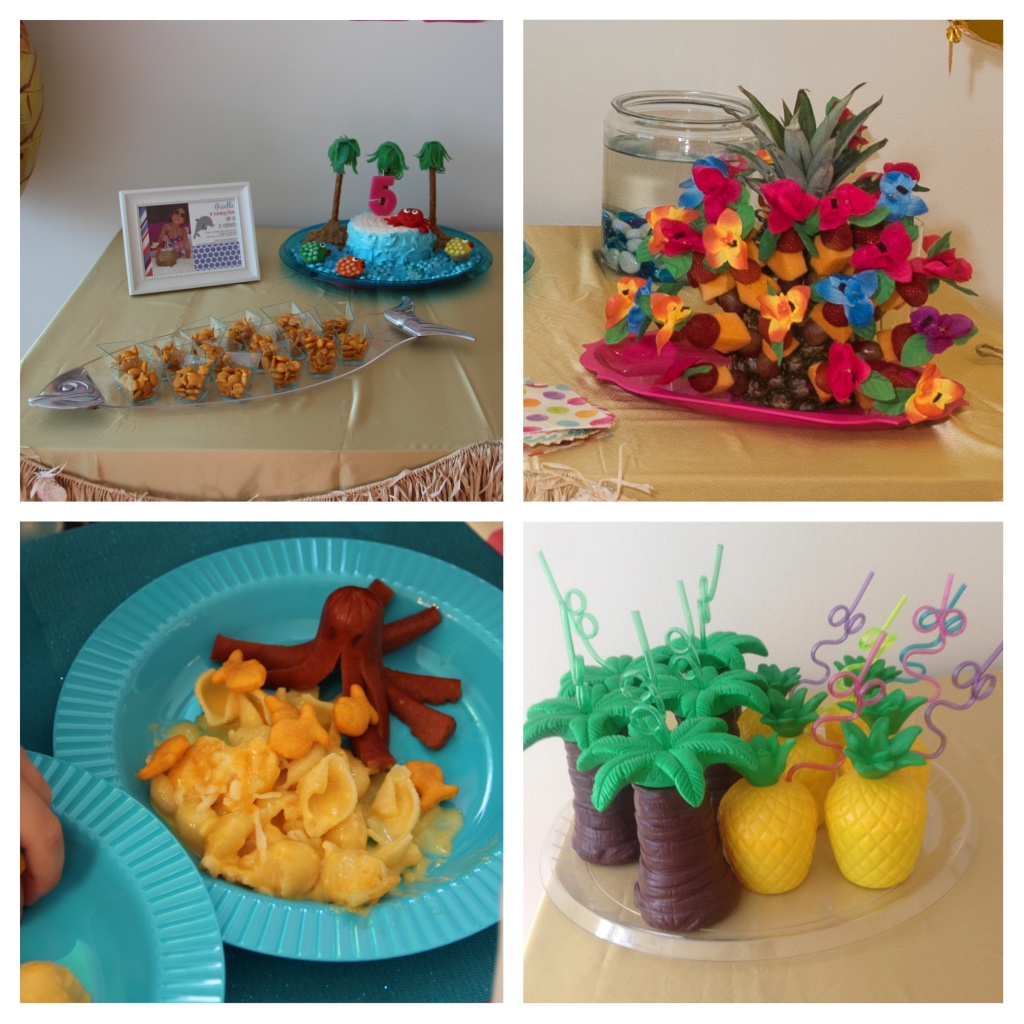Caribbean party, party food, under the sea party, fruit kebob, mac and cheese